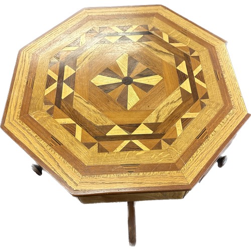 387 - Inlaid octagonal table measures approx 29.6 inches tall by 21 inches diameter