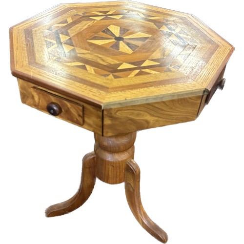 387 - Inlaid octagonal table measures approx 29.6 inches tall by 21 inches diameter