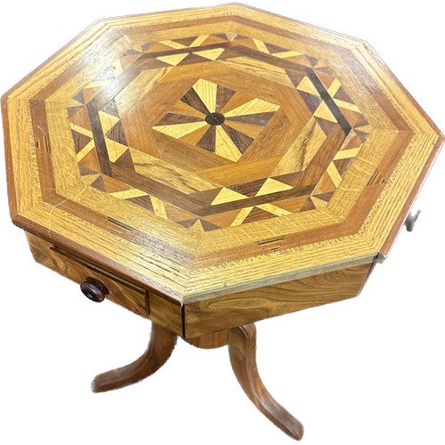 387 - Inlaid octagonal table measures approx 29.6 inches tall by 21 inches diameter