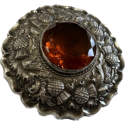 460 - Large antique Scottish plaid brooch in white metal with foil back citrine diameter approx 8cm