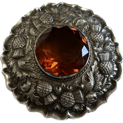 460 - Large antique Scottish plaid brooch in white metal with foil back citrine diameter approx 8cm