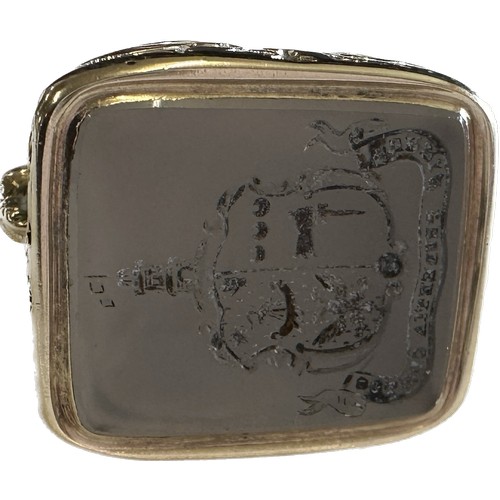 461 - Antique Georgian yellow metal intaglio seal with family crest height 3.5cm weight 23grams