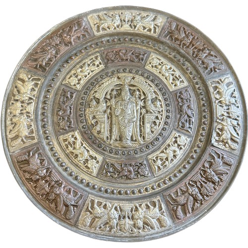 120 - Vintage brass and copper indian tray with silver decoration, diameter approximately 36cm