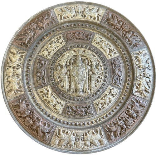 120 - Vintage brass and copper indian tray with silver decoration, diameter approximately 36cm