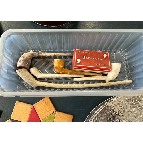 214 - Box of miscellaneous vintage items includes cutlery, trays, pipes etc