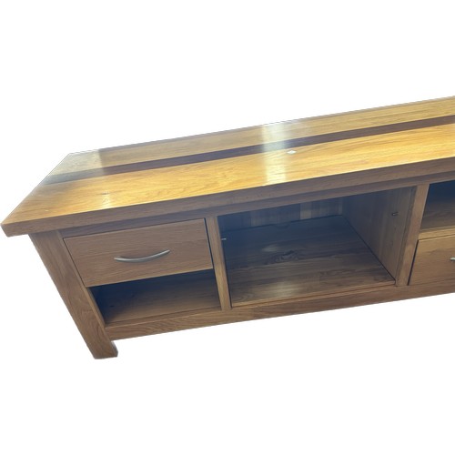 359 - Solid oak TV low cabinet, metal runners, featuring 2 drawers, Height 22 inches, Length 59 inches, De... 