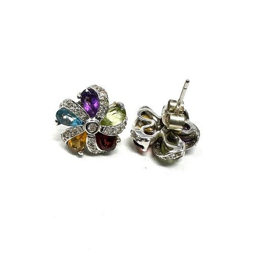 211 - 9ct white gold multi-gemstone stud earrings inc. diamond, garnet, topaz, amethyst, peridot & citrine... 