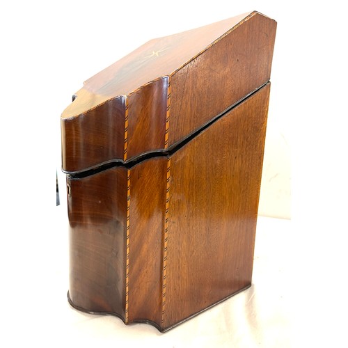 75 - Georgian/ Victorian mahogany inlaid cutlery box of serpentine form with fitted interior