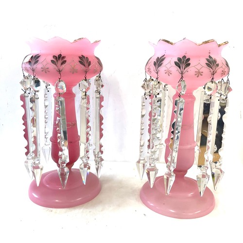 117 - Pair of pink glass Victorian lustres, approximate height 13 inches