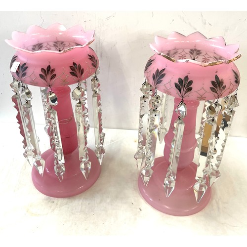 117 - Pair of pink glass Victorian lustres, approximate height 13 inches