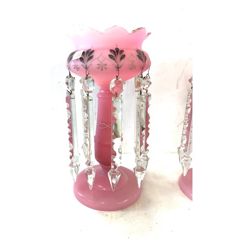 117 - Pair of pink glass Victorian lustres, approximate height 13 inches