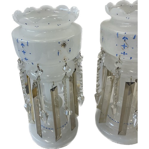 114 - Pair of opaque white glass Victorian lustres with double droppers, hand painted, approximately 15 in... 