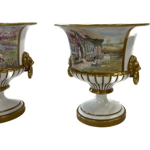 161 - Near pair of hand painted urns signed F Clark, Francis Clark was a Royal Worcester artist