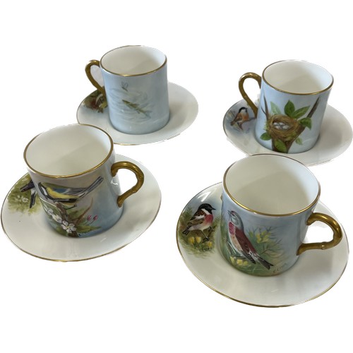 165 - Six coffee cans and saucers, hand painted with birds, signed F Clarke (Royal Worcester artist)