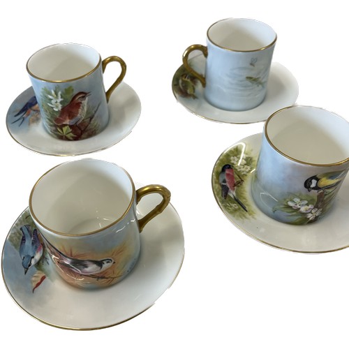 165 - Six coffee cans and saucers, hand painted with birds, signed F Clarke (Royal Worcester artist)