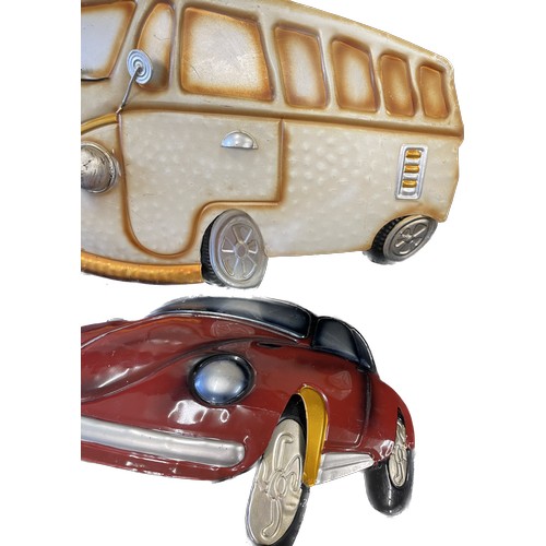 329 - 3 metal VW vehicle wall plaques, largest measures approximately Width 25 inches, Height 50 inches