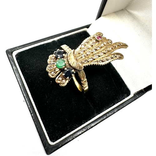 145 - Fine large gold rose diamond emerald & ruby pointing finger hand ring  hand measures approx 3.2cm by... 