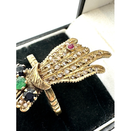 145 - Fine large gold rose diamond emerald & ruby pointing finger hand ring  hand measures approx 3.2cm by... 