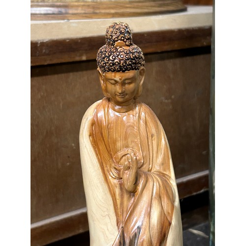 111 - Religious wooden carving, on stand approximate measurements: Height 15 inches,