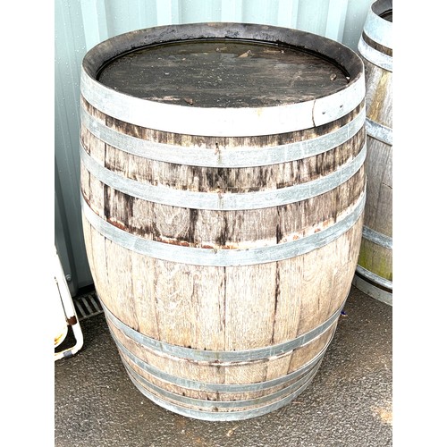 100M - Wooden and metal barrel measures approx 35 inches tall diameter 23 inches