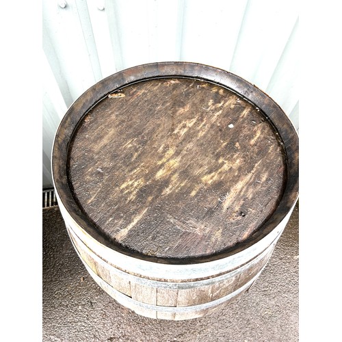 100M - Wooden and metal barrel measures approx 35 inches tall diameter 23 inches