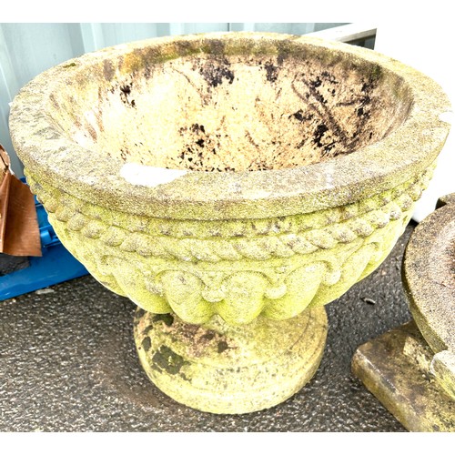 100U - Large concrete planter in 2 pieces measures approximately 19 inches tall 21 inches wide