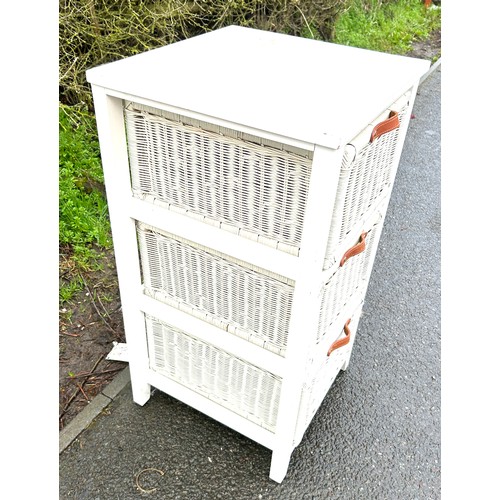 416 - 3 draw storage unit, wicker baskets, approximate measurements: Height 34 inch by 18 inches