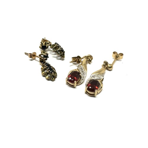 293 - 2 X 9ct Gold Paired Gemstone Drop Earrings Inc. Ruby, Duamond & Sapphire (2.8g)