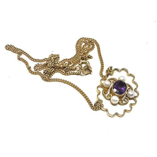 244 - 9ct gold amethyst & cultured pearl openwork pendant necklace (5.1g)