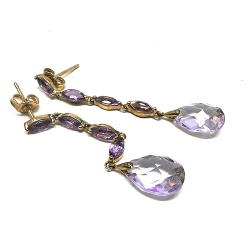 225 - 9ct gold amethyst drop earrings (2.1g)