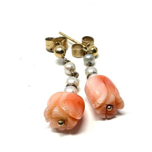 161 - 9ct gold vintage carved coral & pearl drop earrings (1.7g)