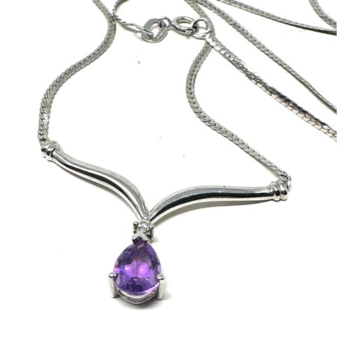 189 - 9ct white gold vintage amethyst & diamond drop necklace (2.8g)