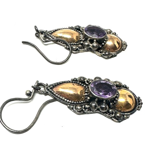 164 - 9ct gold and silver paired amethyst drop earrings (8.2g)