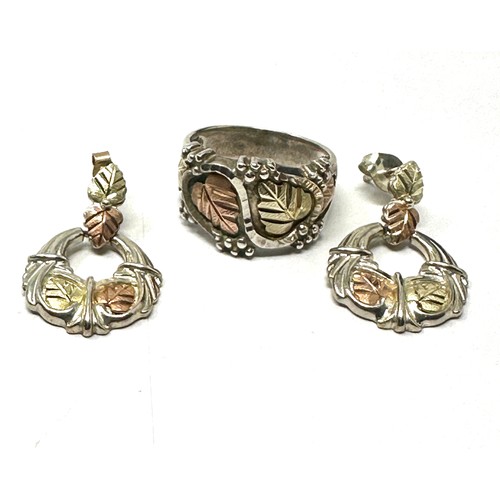 196 - yellow & rose gold floral detail sterling silver ring and earrings set (8.5g)