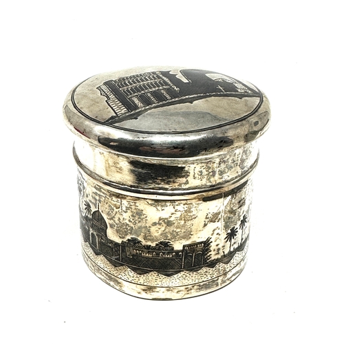 17 - Antique silver & niello lidded round box measures approx 7cm dia height 6cm