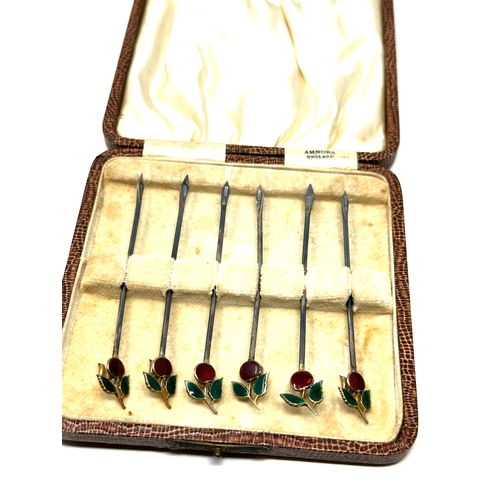 27 - Boxed antique silver & enamel cocktail sticks