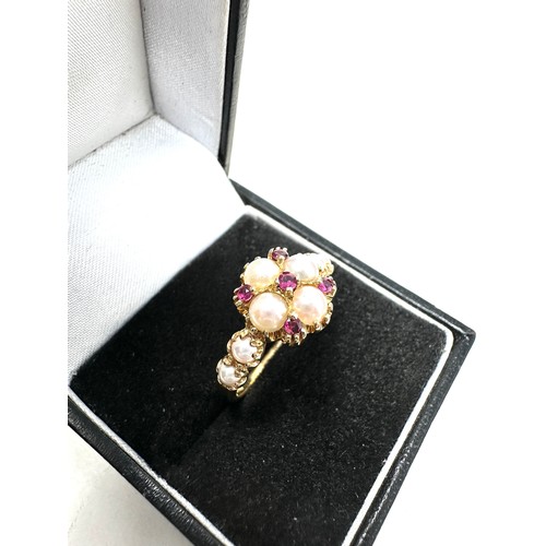 195 - 14ct gold cultured pearl & ruby dress ring (4g)