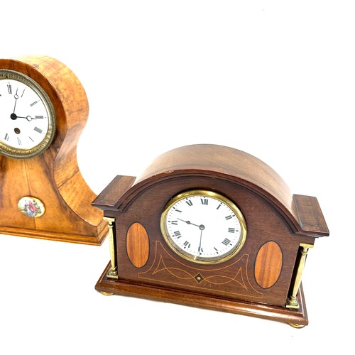 45 - Oak inlaid mantel clock and 1 other battery mantle clock, untested