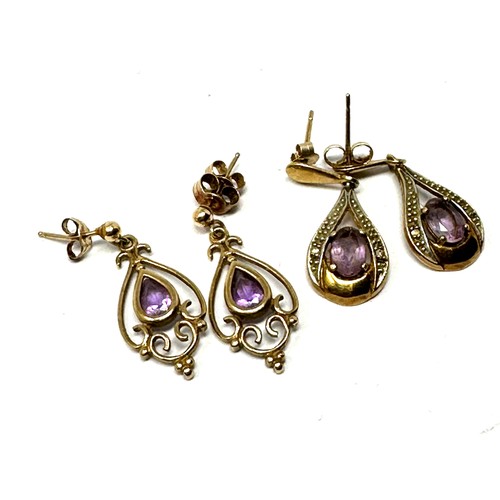 222 - 2 x 9ct gold paired amethyst earrings inc. diamonds (3.6g)