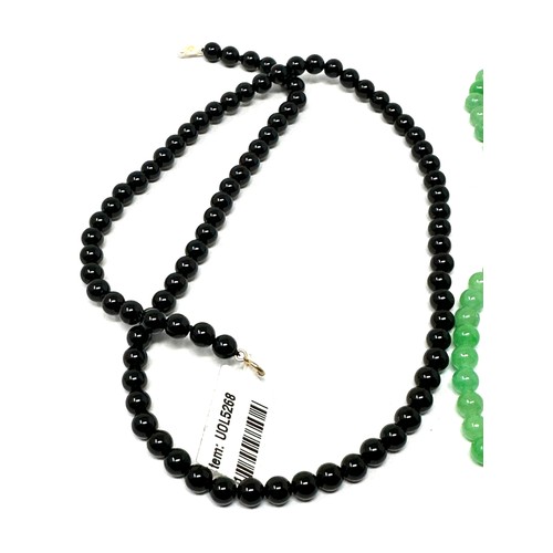 227 - 4 x 9ct gold clasped gemstone beaded necklaces inc. tigers eye, quartzite, black paste (50g)