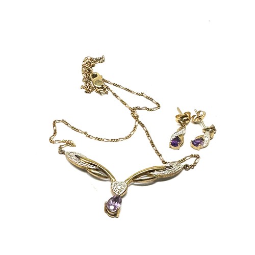 279 - 9ct gold amethyst and diamond earring and necklace set (5.1g)