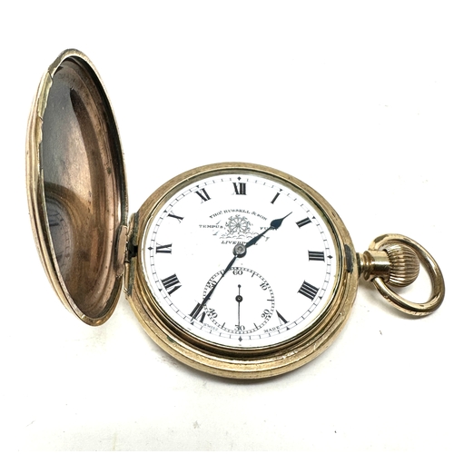 465 - Antique gold plated full hunter thos russell & sons Liverpool pocket watch the watch winds and ticks