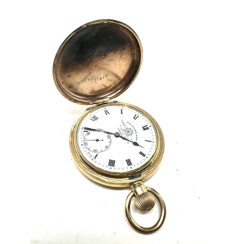 465 - Antique gold plated full hunter thos russell & sons Liverpool pocket watch the watch winds and ticks