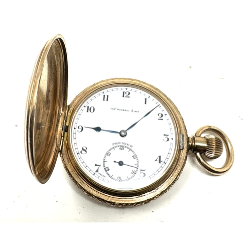 464 - Antique gold plated full hunter thomas russell & sons premier pocket watch the watch winds and ticks