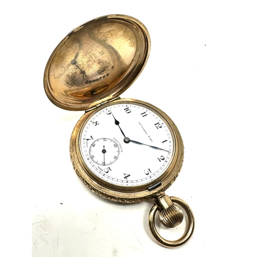 464 - Antique gold plated full hunter thomas russell & sons premier pocket watch the watch winds and ticks