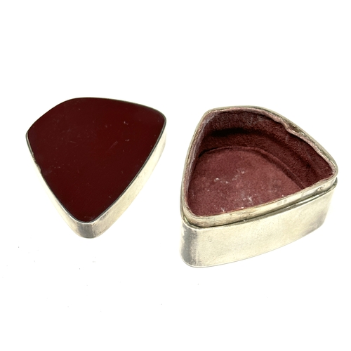 44 - Vintage red hard stone set box measures approx 5cm by 4.5cm height 3cm London silver hallmarks