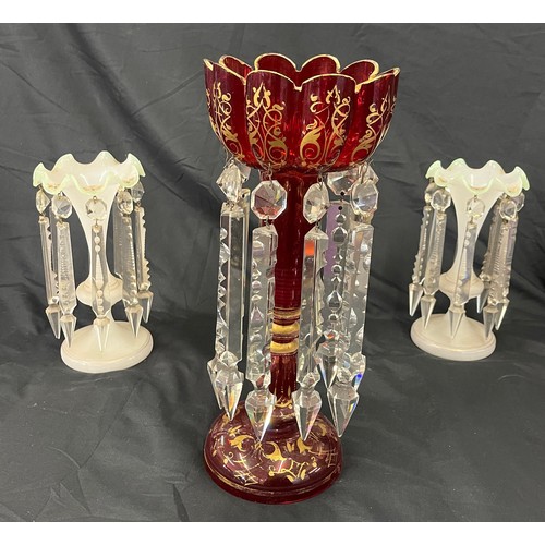 12 - 3 Antique Bohemian glass lustres, tallest measures approximately 33cm