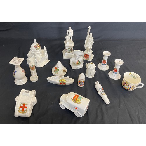 303 - Selection of assorted crested china pieces includes Tent, Army Vehicle, Peeping tom etc