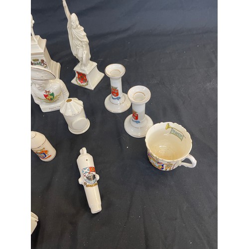 303 - Selection of assorted crested china pieces includes Tent, Army Vehicle, Peeping tom etc