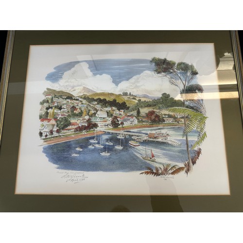 64 - Large framed water colour by Peter Arnold 1986, Russel Bay New Zealand 29 inches wide by 24 inches t... 